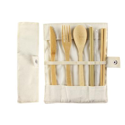 China Bi-beneficial eco-friendly wooden cutlery sustainable craft set bamboo travel flatware set with knife, fork, spoon, straw, brush, chopsticks for sale