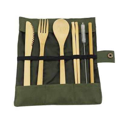 China Sustainable Wooden Flatware Cutlery Set Bamboo Straw Dinnerware Set With Cloth Bag Wholesale for sale