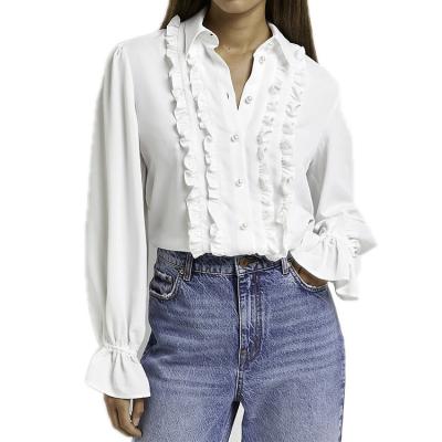 China Custom Made Breathable Ladies Tops Womens Blouses Shirts Casual Feminine Ladies And Womens White Blouse Along With Button for sale