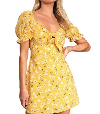 China 2022 Breathable Customize Summer Yellow Floral Lace-up Mini Puffy Short Sleeves With Elastic Tie-Front Dress High Quality for sale