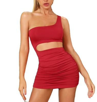 China Anti-Wrinkle Workmanship Mini Dress One-Shoulder Fashion Bodycon Women Wholesale Latest Comfortable Sexy Casual Dress Designs for sale