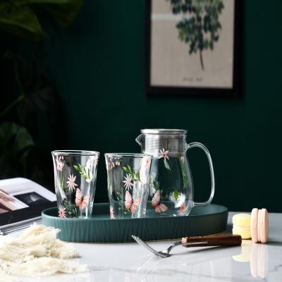 China 2021 Viable Hot Selling Natural Clear Glass Cup Pot With Cup Sets Teapot And Handle With Cup And Water Water Bottle With Ceramic Dish for sale