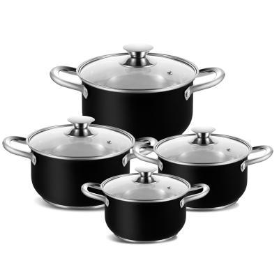 China Sustainable Kitchen Cooking Tool Kits Wholesale Universal Stainless Steel Nonstick Pot Black Cookware Sets With Glass Lid for sale