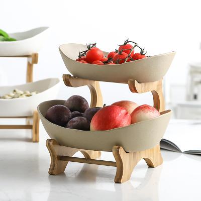 China 2 Tier Fruit Basket Stand Porcelain Fruit Bowl Ceramic Fruit Dish Table Sustainable Bamboo Wooden Decoration for sale