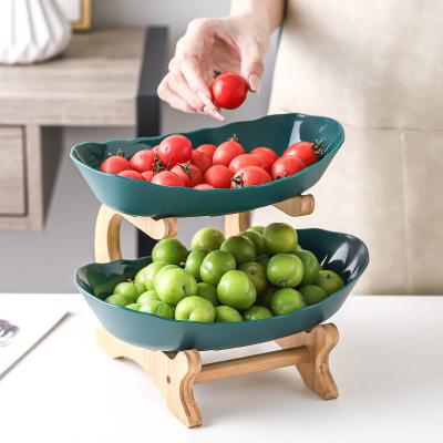 China Viable Hot Selling Nordic Luxury Living Room 2 Tier Candy Dessert Serving Dish Snack Dishes Set With Wooden Rack Dried Fruit Tray for sale