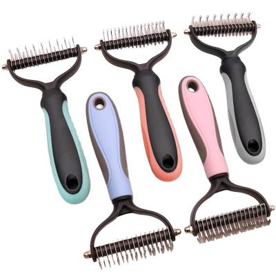 China Stocked Dog Hair Removal Comb Detangler Fur Trimming Dematting Deshedding Brush Grooming Tool for sale