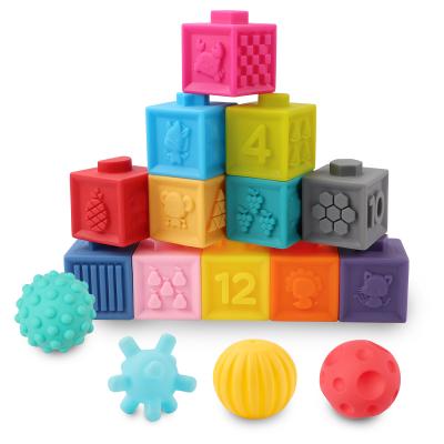 China Montessori Squeeze Game Teethers Food Grade 12PCS Eco-friendly Material Educational Baby Stacking Cube Soft Silicone Building Blocks For Kids for sale