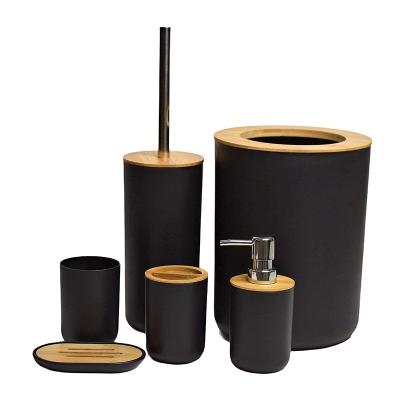 China Sustainable Stock Bathroom Accessories Bamboo Soap Dispenser Set Bathroom Toothbrush Holder Set for sale