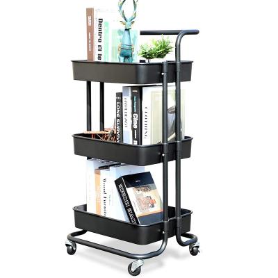 China Black Stocked Household 3-Tier Rolling Serving Cart With Handle Bathroom Storage Rack Kitchen Storage Cart for sale