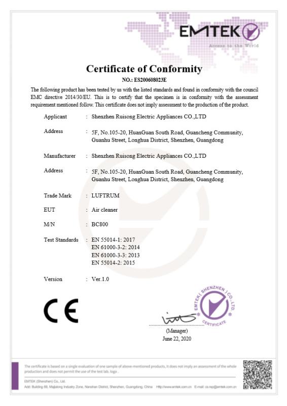 CE - Shenzhen Ruisong Electric Appliance Co., Ltd.