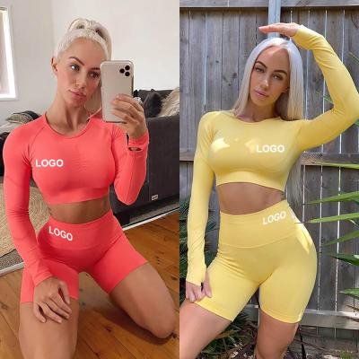 China Breathable Custom High Quality Top Gear Yoga Crop Set Long Sleeve Logo Thumb Hole Shirt And Butt Lift Shorts Gym Tracksuit for sale