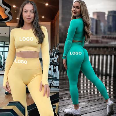 China Breathable Custom Logo Seamless Long Sleeve Yoga Sets Crop Top Running Stretch Skinny Training Equipment Leggings Yoga Pants Gym Gaiters Set for sale