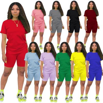 China Wholesale QUICK DRY Multi Short Women's Two-Piece Short Sleeves Round Neck Solid Color Clothing Set Women Clothes Set for sale