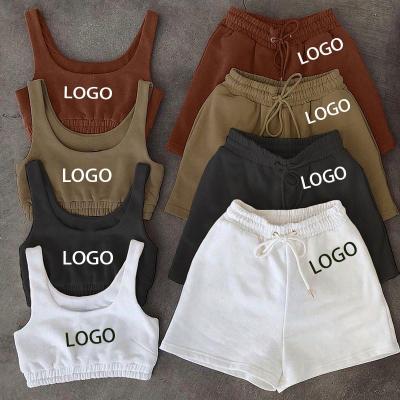 China QUICK DRY Customized Logo Home Ladies Casual Wear Sleeveless Crop Tops Elastic Shorts Set Solid Color Jogging 2 Piece Pant Set Outfits for sale