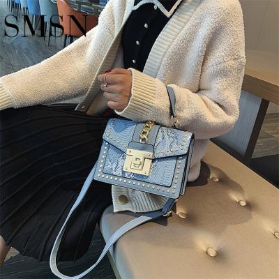 China Custom PU Serpentine Leather Square Fashion Women Shoulder Lock Rivet Logo Designer Hand Bag Ladies Purse Purse for sale