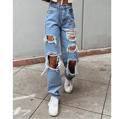 China New Breathable Street Style Wear Ladies Straight Jeans Boyfriend Wide Leg Ripped Jeans for sale