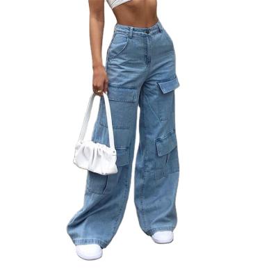 China Newest Breathable Streetwear Big Pocket Loose Straight Leg Jeans Pants Wide Leg Pants For Women for sale