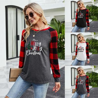 China New Arrivals Anti-Wrinkle Crew Neck Christmas Letter Graphic Long Sleeve T-Shirts Women Casual Loose Shirt For Women for sale