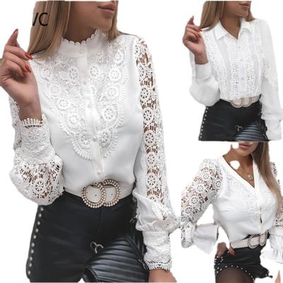 China Office Wear Fashionable V-Neckline Anti-Pilling White Button Down Shirt Women Long Sleeve Lace Shirt for sale