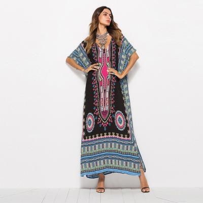 China Fashionable Anti-Static Elbow Sleeve Loose Printed Casual Beach Maxi Long Dress Africa Dresses For Women for sale