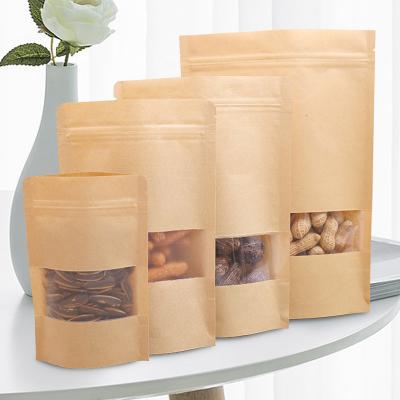 China Disposable Brown Kraft Paper Stand Up Kraft Paper Zip Lock Bags With Clear Window, Doypack Pouches Zipper Handle Seal Reclosable Packaging for sale