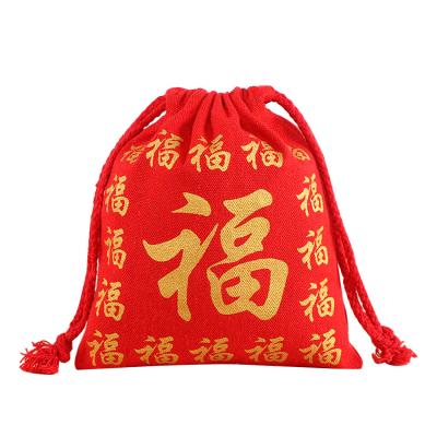 China Fashion Design Cheap Red Printing Handled Pocket Canvas Logo Custom Drawstring Bag for sale