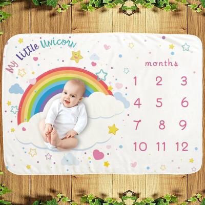 China PORTABLE Baby Flannel Fleece Cloud Printing Colorful Baby Milestone Monthly Photo Blanket for sale