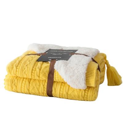 China Jacquard Double Layered Blanket Classic Acrylic Knit Cozy Polyester Faux Lambs Wool Sherpa Backing Plush Throw Blanket for sale