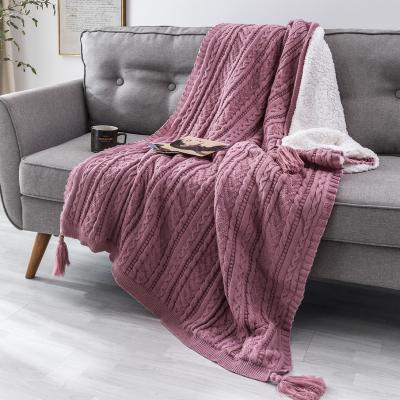 China Jacquard Double Layered Blanket Classic Acrylic Knit Cozy Polyester Faux Lambs Wool Sherpa Backing Plush Throw Blanket for sale