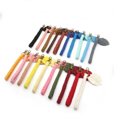 China Decoration Boho Macrame Key Chain Holder Handmade Woven Key Bag Charms Boho Hanging Handwoven Key Chain With Leaf Charm for sale