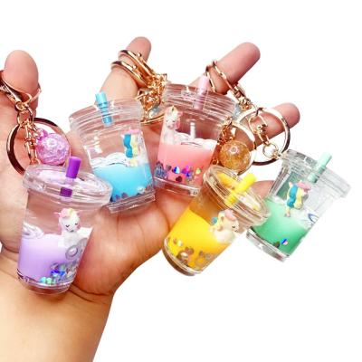 China Mini Drink Floating Keychain Creative Acrylic Liquid Milk Key Chain Cute Tea Drink Key Chain for sale