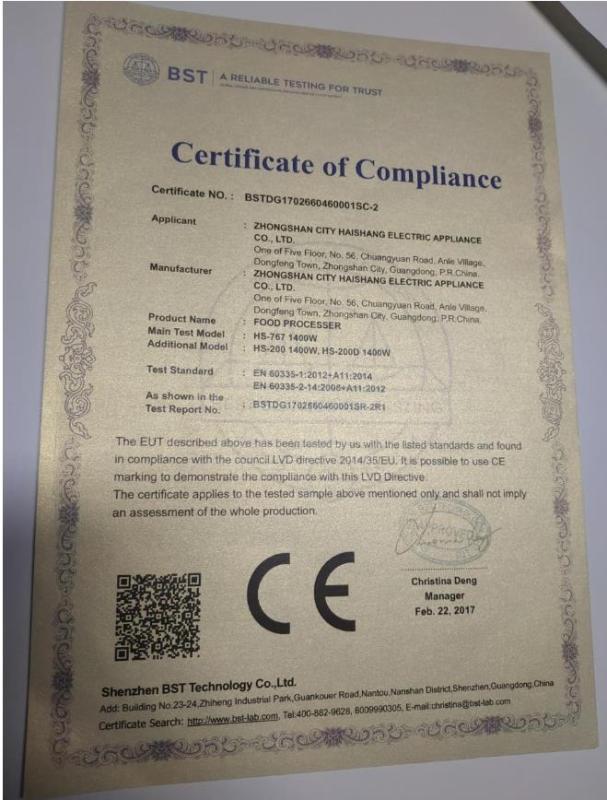 CE - Zhongshan City Haishang Electric Appliance Co., Ltd.