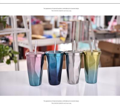 China New Viable Gradient Color Water Cup Diamond Shaped Vacuum Flask With Straw Stainless Steel Water Cup Advertising Gift Water Cup for sale