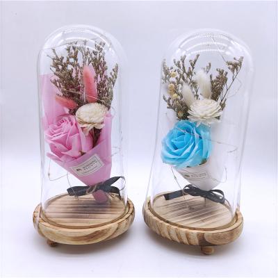 China High Quality Daily Life Artificial Soap Rose Flower Dried Flower In Glass Dome Led Light Festival Christmas Gift for sale