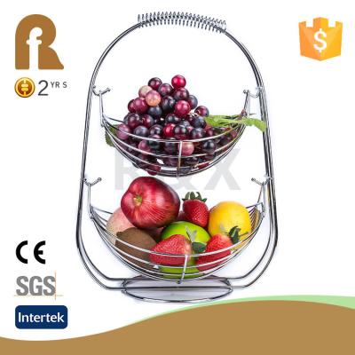 China Sustainable Two Tier Deep Net Mesh Round Fruit Basket with Handles for sale