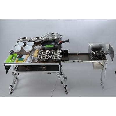 China Outdoor Camping Foldable Cookware Stocked Mobile Picnic Kitchen Table Set With Folding Stool Cooking Gas Stove for sale