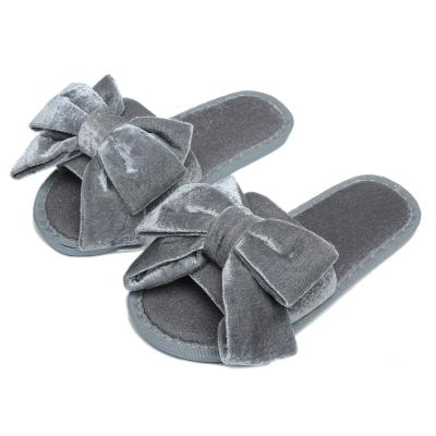 China Wholesale fashion trend uniterm plush non-slip flat plush bow velvet open-toed ladies fashion fur slippers for sale