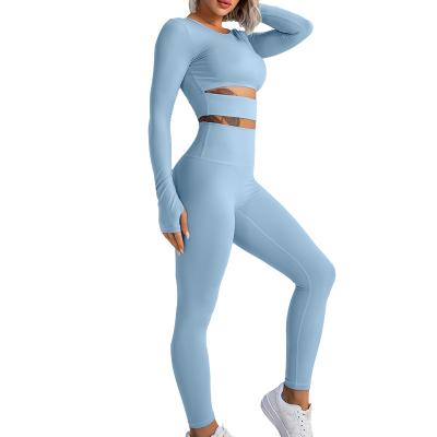 China New Breathable Recycled Nylon Yoga Fitness Two Piece Sets Long Sleeve Sweat Suit For Women Winter Training Sets Seamless Sportswear for sale