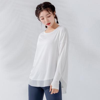 China Autumn And Winter New Fitness Breathable Gym Women T-shirt Long Sleeve Sports Shirt Tops Shape Mesh Stitching Tracksuit Loose Body Tops for sale