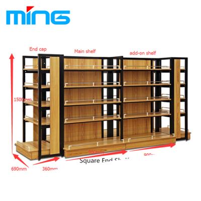 China Double Sided Supermarket Wooden Shelf Rack Retail Store Gondola Shelving for sale