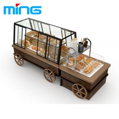 China Double Sided Supermarket Retail Store Bread Cake Display Rack Bakery Rack With Glass Door for sale