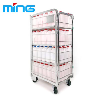 China Save Space 4 Layer Wire Metal Roll Container Roll Cage Trolley With Brakes For Milk Storage for sale