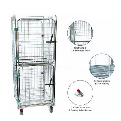 China Custom WAREHOUSE Folding Steel Wire Mesh Roll Container Laundry Roll Cage Carts for sale