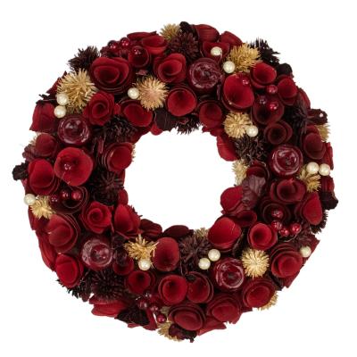 China Handmade Billions Red Wooden Roses with Apples and Beads Artificial Christmas Wreath, 13-Inch, Unlit for sale