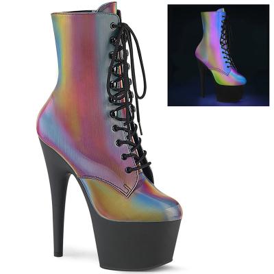 China Fashion Trend 17CM/7inches Holographic Light Mirrored PU High Heel Platform Pole Dance Top Boot for sale