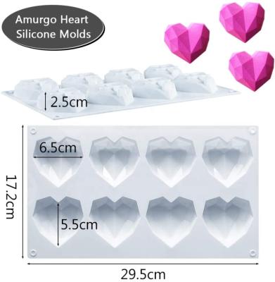 China 8 Cavity Viable Non-Stick Easy Release Diamond Heart Silicone Mold for Baking Chocolate Cake for sale