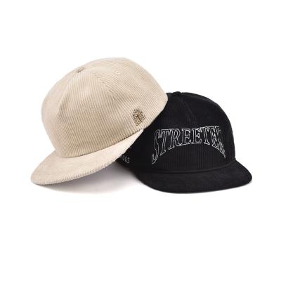 China OEM Hip Hop COMMON Panel Adjustable Flat Brim Corduroy Hat 5 Embroidered Custom Design Hat for sale