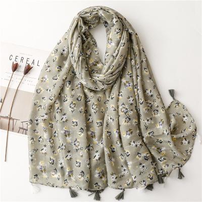 China Wholesale Cotton Floral Silk Hemp Scarf Polyester Tassel Pattern Soft Sun Protection Shawl Scarf for sale