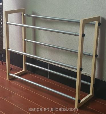 China Cheap Solid Wood 3 Layers Wooden And Steel Wire Tube Shoes Rack Stand for sale