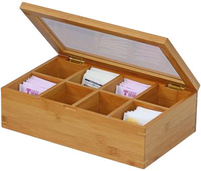 China Natural Bamboo Storage Chest Adjustable 8 Compartments Tea Caddy Storage Organizer for sale